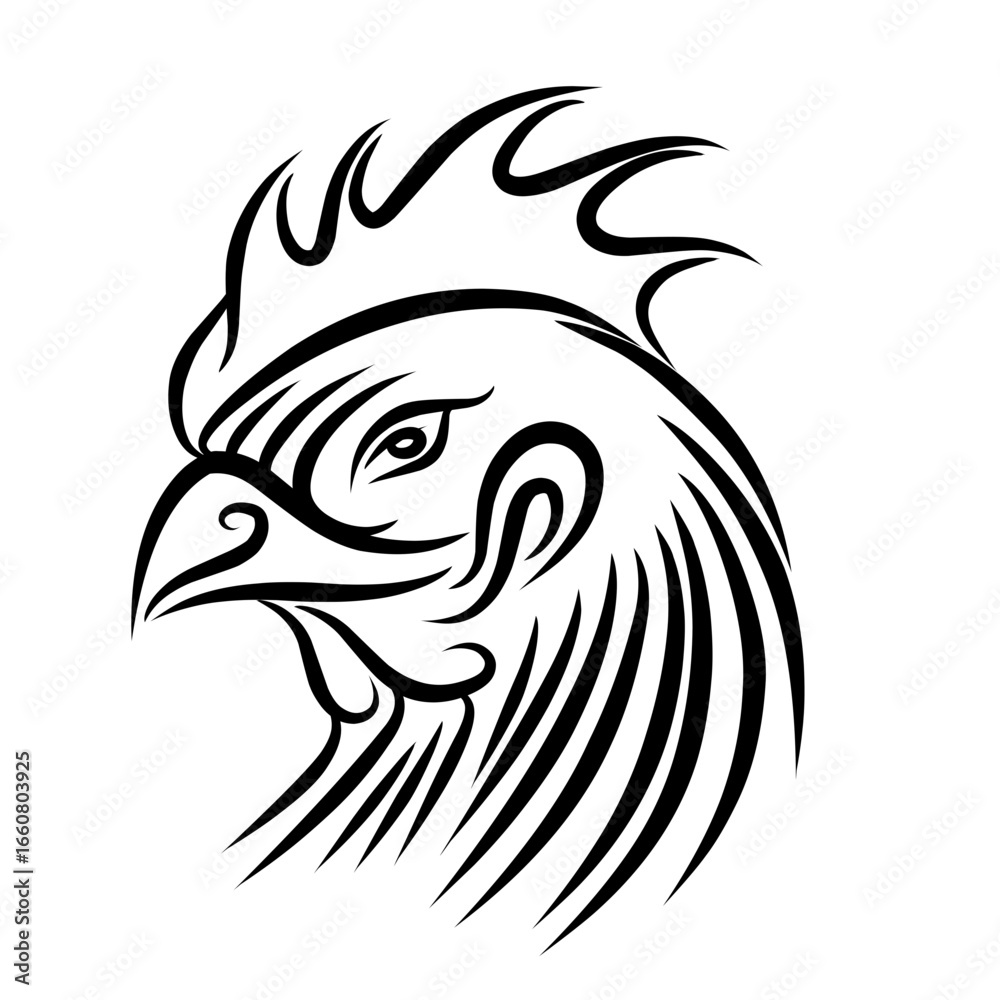 Fototapeta premium Stylized black and white illustration of a rooster's head with intricate feather details