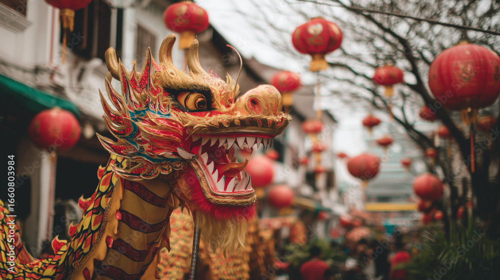 Naklejka premium Chinese New Year Golden Dragon Head Decoration with Red Lanterns Street Festival Celebration