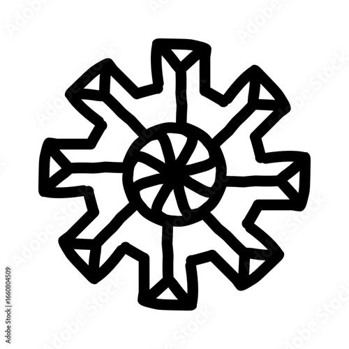Abstract geometric design featuring a stylized snowflake shape with sharp angles and circular center
