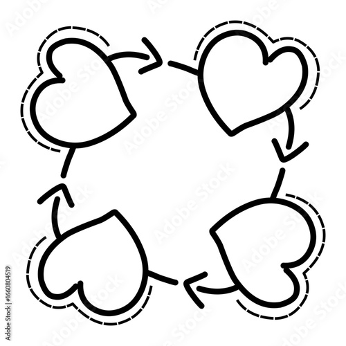 Illustration of interconnected hearts in a circular flow, symbolizing love and connection, with a minimalist design