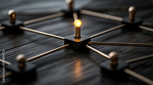 Illuminated golden sphere at the center of a black node network with connecting golden rods on a dark wooden background