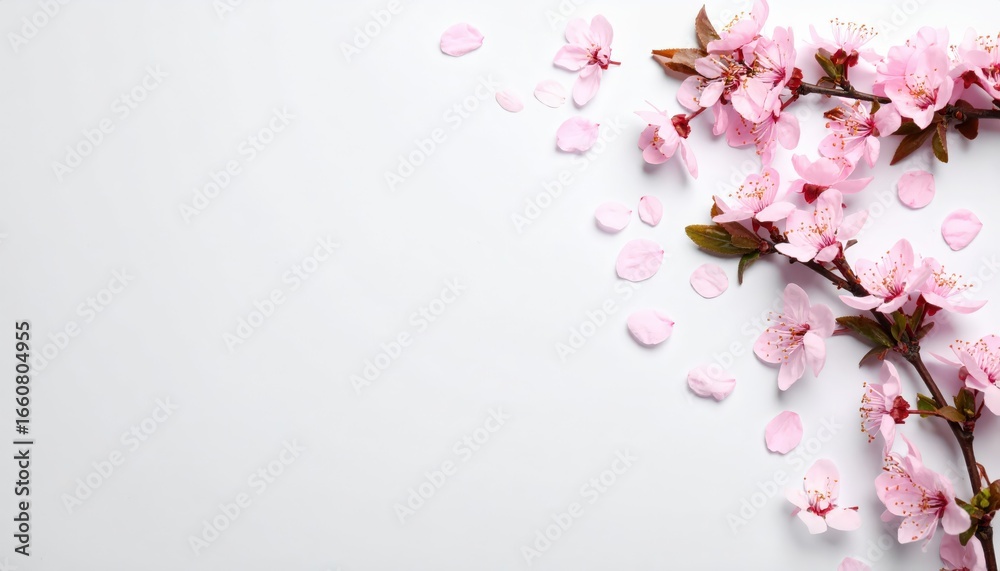 Naklejka premium A delicate arrangement of pink cherry blossoms and petals on a clean white background, symbolizing beauty and spring.