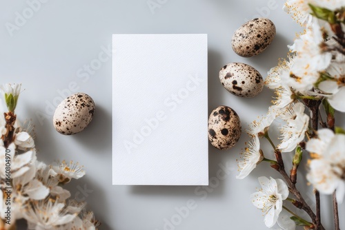Blank business card surrounded by speckled eggs and spring blossoms on a light gray background
