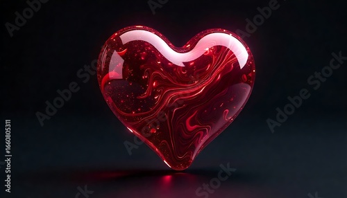 Stunning translucent red heart with swirling patterns glows against a dark, dramatic backdrop