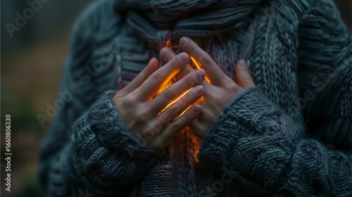 a person's hands radiating a warm glow, creating an aura of hope and inner light. The hands are gently cupped together, suggesting a sense of nurturing and protection