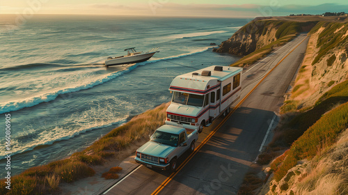 RV towing boat on coastal route