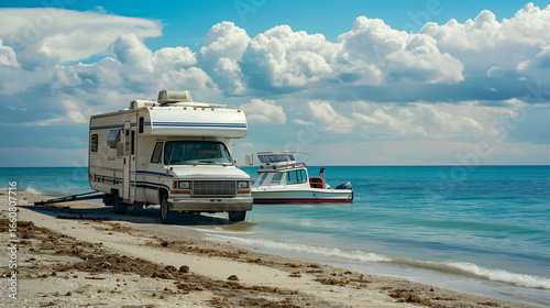 RV towing boat on coastal route