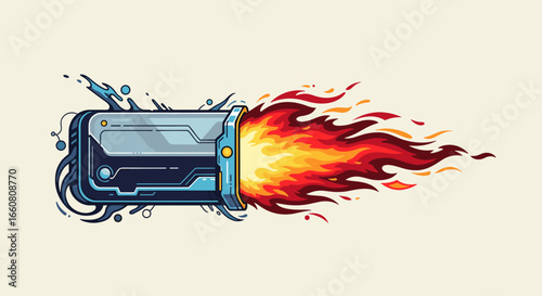 Futuristic sci fi jetpack engine emitting intense fiery exhaust and electrical energy in retro pixel art style