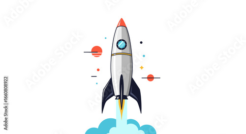 A detailed illustration of a rocket ship launching into the sky with fiery exhaust and surrounding celestial objects