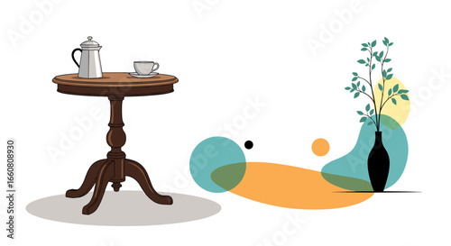 Vintage bistro table setting with a coffee pot and cup alongside abstract shapes and a vase with branches