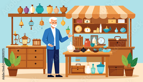 An elderly man selling various items at an outdoor market stall.