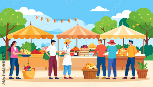 Vibrant Outdoor Farmers Market Scene with Colorful Produce and Friendly Vendors.
