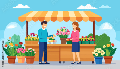 Man and woman shopping at a flower stand outdoors.
