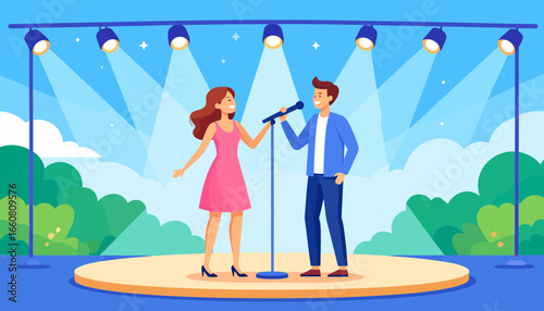 Man and woman singing on stage under spotlights.