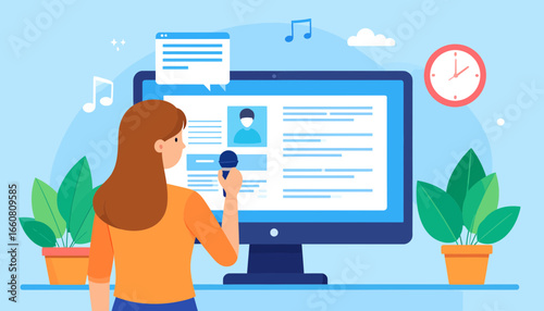 Woman recording voiceover for online content creation.