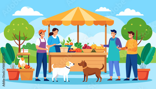 Vibrant outdoor market scene with people shopping and dogs.