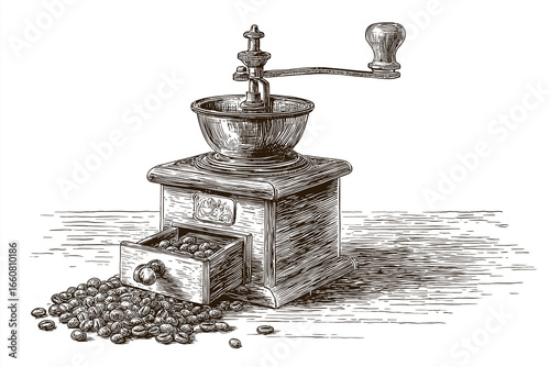 coffee grinder with beans, engraved hand-drawn line art