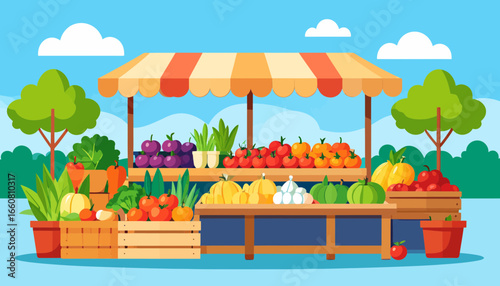 Vibrant Outdoor Farmers Market Stall with Fresh Fruits and Vegetables. Flat Vector Illustration.