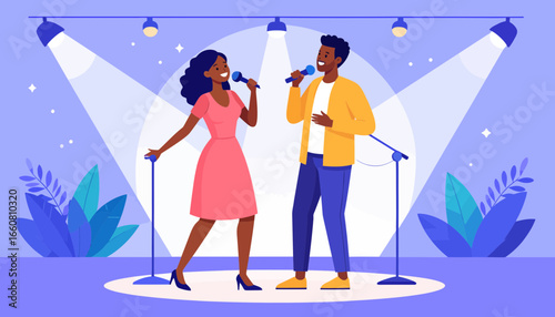 Joyful diverse duo singing on stage with microphones under spotlights. Live music performance, concert, or karaoke event illustration.