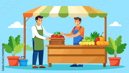 Two men selling fresh fruits and vegetables at a vibrant outdoor market stall. Local produce transaction illustration.