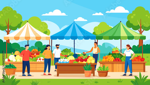 Lively Outdoor Farmer's Market with Shoppers Buying Fresh Fruits and Vegetables from Colorful Stalls