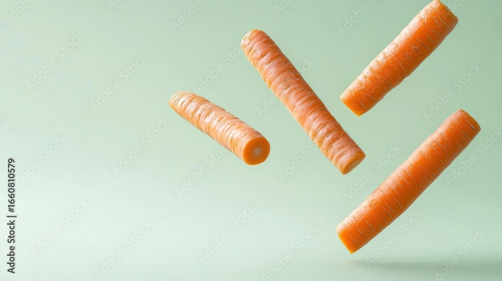 Fototapeta premium A still life of several peeled carrots floating against a light green seamless background in studio lighting