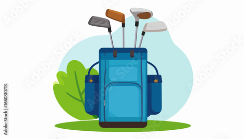 Blue golf bag with clubs on a green background. Flat vector illustration of golf equipment for sport and leisure activities.