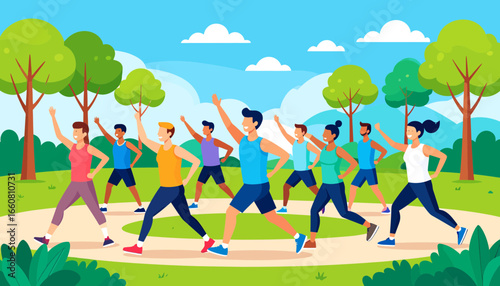 Diverse Group Exercising in Park. Outdoor Fitness Class for Healthy Lifestyle. Flat Vector Illustration.