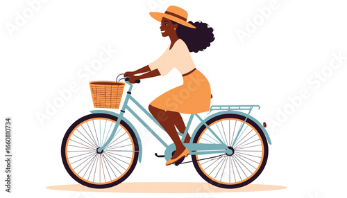 Stylish Black woman in a summer hat riding a light blue bicycle with a basket. Leisurely outdoor activity and eco-friendly travel.