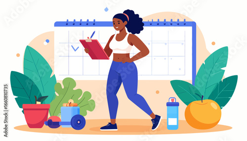 Active woman planning healthy lifestyle: Tracking fitness, workouts, and nutrition goals on a calendar for daily routine and wellness.