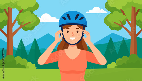 Smiling woman putting on blue bicycle helmet in outdoor park setting. Cycling safety and preparation concept.