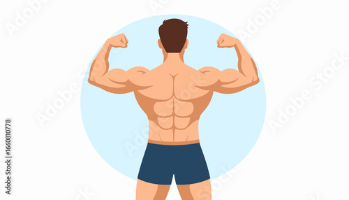 Strong Muscular Man Flexing Biceps from Behind. Fitness and Bodybuilding Concept. Vector Illustration of Male Strength.