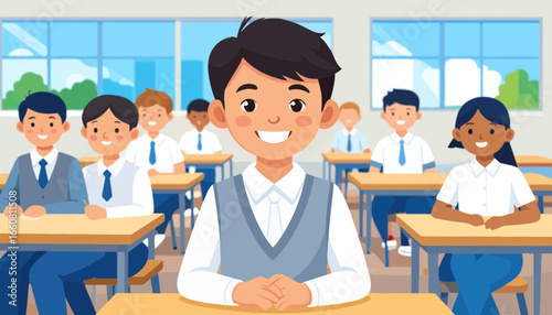 Smiling diverse students in school classroom, cheerful children in uniform ready for learning, education concept illustration