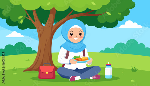 Cheerful Muslim girl in hijab eating outdoor lunch under a tree. Cartoon illustration of a happy child enjoying a picnic in nature.