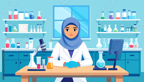 Diverse Female Scientist in Lab Coat and Hijab Working in a Science Laboratory with Equipment
