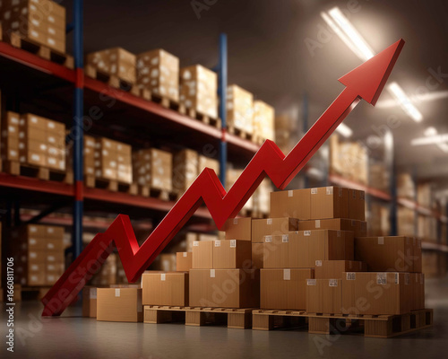 Warehouse Growth: A vibrant depiction of a warehouse, featuring neatly stacked cardboard boxes and a dynamic red upward-trending arrow, symbolizing business growth and the logistics of commerce.