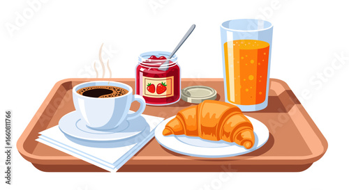 Breakfast tray with coffee, orange juice, croissant, and strawberry jam for a delicious morning meal