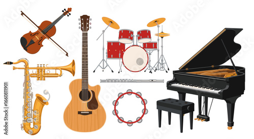 Illustration of a collection of musical instruments including a piano, guitar, drums and violin