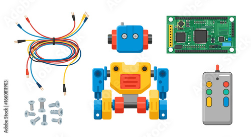 Illustration of a disassembled toy robot with wires, screws, circuit board and remote control kit