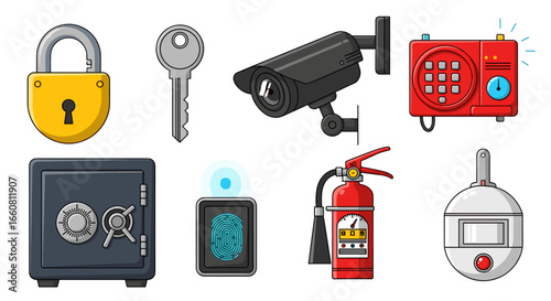 Illustration showing security measures including a padlock, key, camera, alarm, and extinguisher