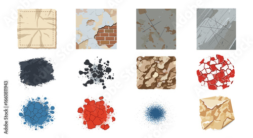 A collection of twelve varied abstract textures including paper, brick, paint, and heart patterns