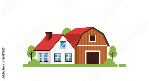 Illustration of a white house with a red roof connected to a barn with trees around it nicely