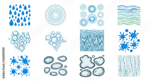 Illustration of various water themed graphics including raindrops, ripples, bubbles, and splashes