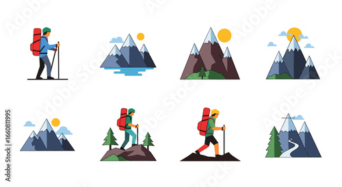 Illustration featuring hikers with backpacks and trekking poles amidst various mountain scenes