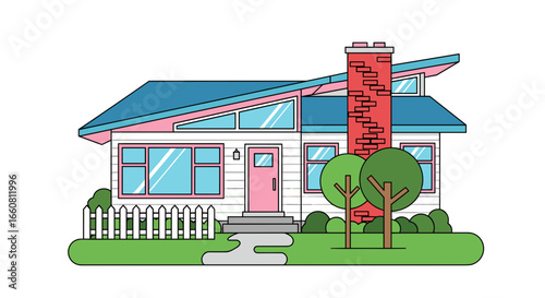 Illustration of a suburban house with a blue roof, pink trim, and a brick chimney on a sunny day