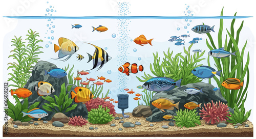 Illustration of a vibrant aquarium filled with various species of colorful fish and aquatic plants