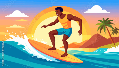 Man surfing on a sunny beach.