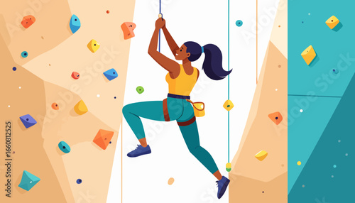 woman climbing indoor rock wall.