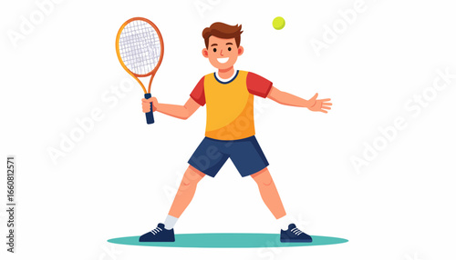 Boy playing tennis with racket and ball.