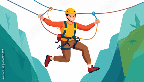 Man jumping between cliffs on ropes.
